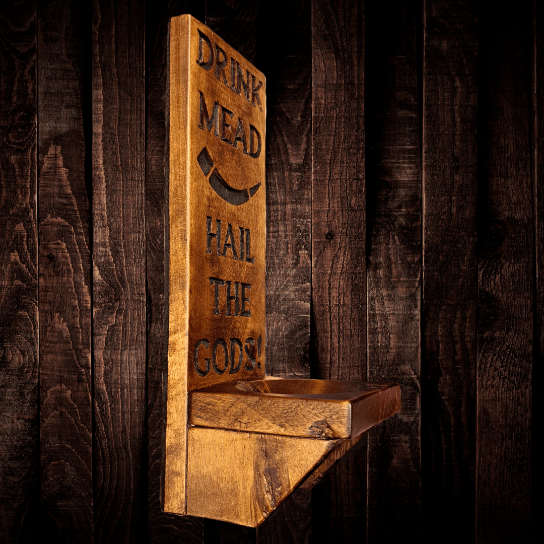 Drink Mead / Hail the Gods - Mead Horn/Bottle Holder – Hand carved in reclaimed wood - Image 2