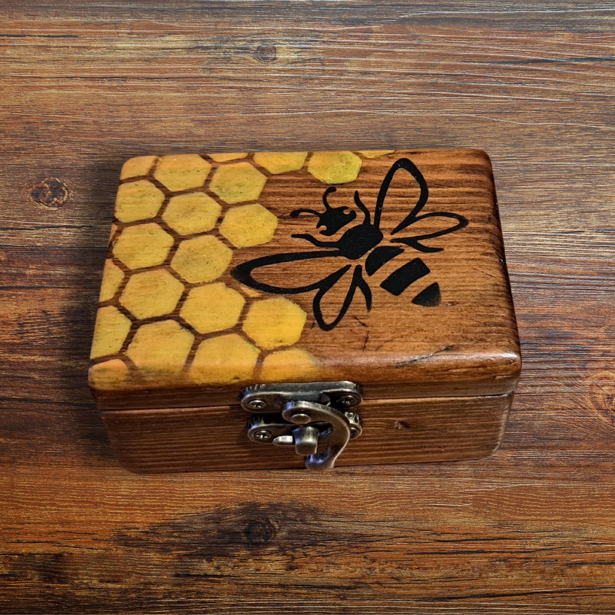 Handcrafted Driftwood Keepsake Box with Bee & Honeycomb Design