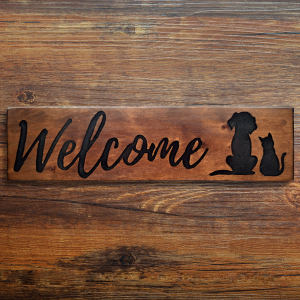 Hand-Carved “Welcome” Pet Sign – Repurposed Wood with Black Resin Inlay
