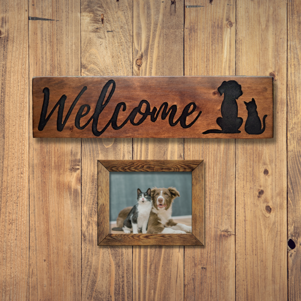 Hand-Carved “Welcome” Pet Sign – Repurposed Wood with Black Resin Inlay - Image 3