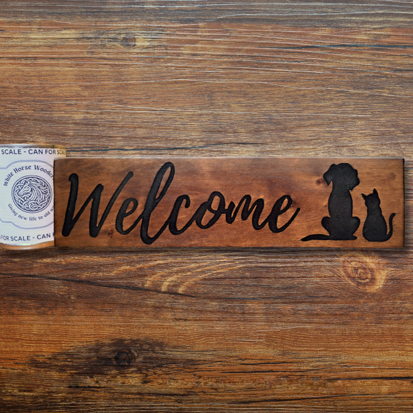Hand-Carved “Welcome” Pet Sign – Repurposed Wood with Black Resin Inlay - Image 4