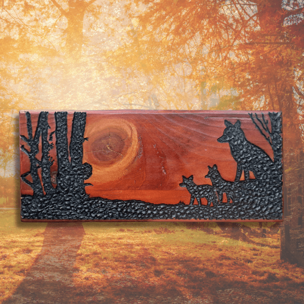 Fox Family at Sunset – Hand-Carved Wooden Artwork - Image 3