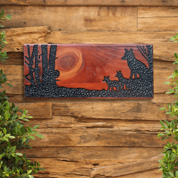 Fox Family at Sunset – Hand-Carved Wooden Artwork - Image 2