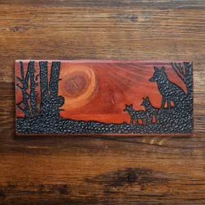 Fox Family at Sunset – Hand-Carved Wooden Artwork