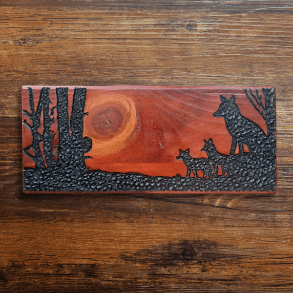 Fox Family at Sunset – Hand-Carved Wooden Artwork