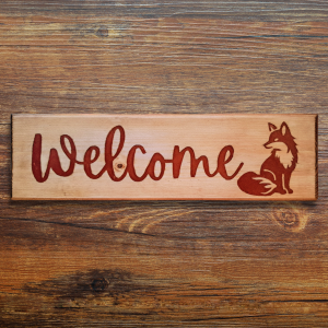 Welcome sign with sitting fox - Hand-carved in re-purposed wood