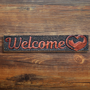 Welcome Sign with Interlocked Cat Heart Design - Hand-Carved in Repurposed Wood