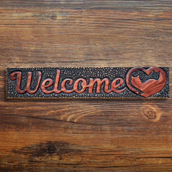 Welcome Sign with Interlocked Cat Heart Design - Hand-Carved in Repurposed Wood